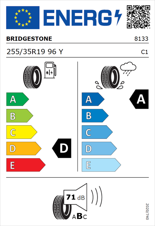 Tyre Label for Bridgestone Potenza S001 255/35R19 96Y