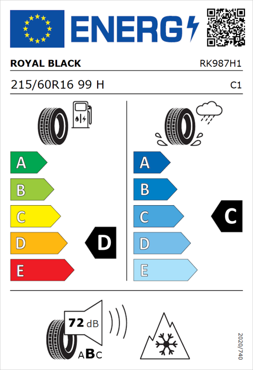 Tyre Label for Royal Black Royal A/S 215/60R16 99H
