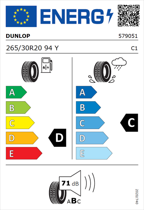 Tyre Label for Dunlop SP SportMaxx RT 265/30R20 94Y