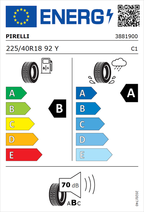 Tyre Label for Pirelli Powergy 225/40R18 92Y