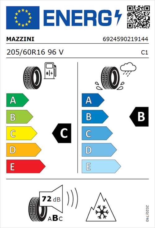 Tyre Label for Mazzini Versat-AS8 205/60R16 96V