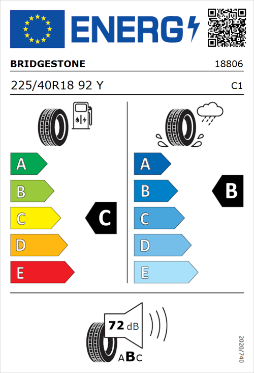 Tyre Label for Bridgestone Potenza S001 225/40R18 92Y