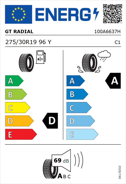 Tyre Label for GT Radial SportActive 2 275/30R19 96Y