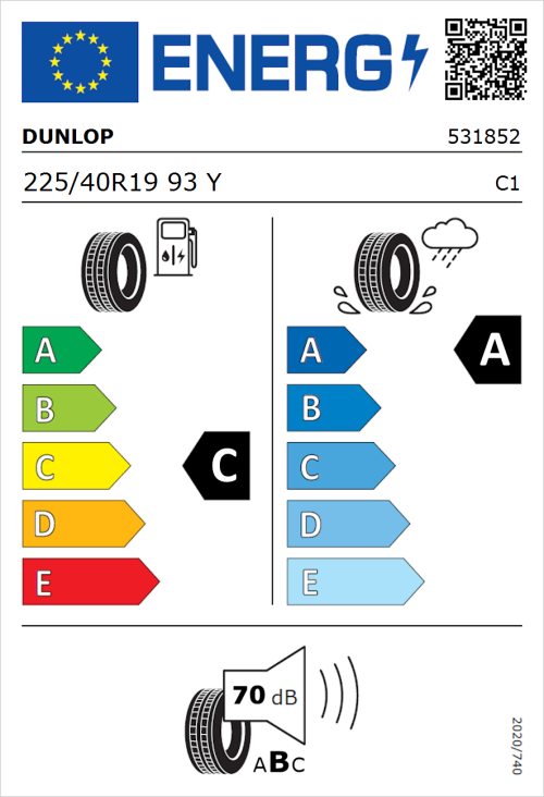 Tyre Label for Dunlop SP SportMaxx RT 225/40R19 93Y